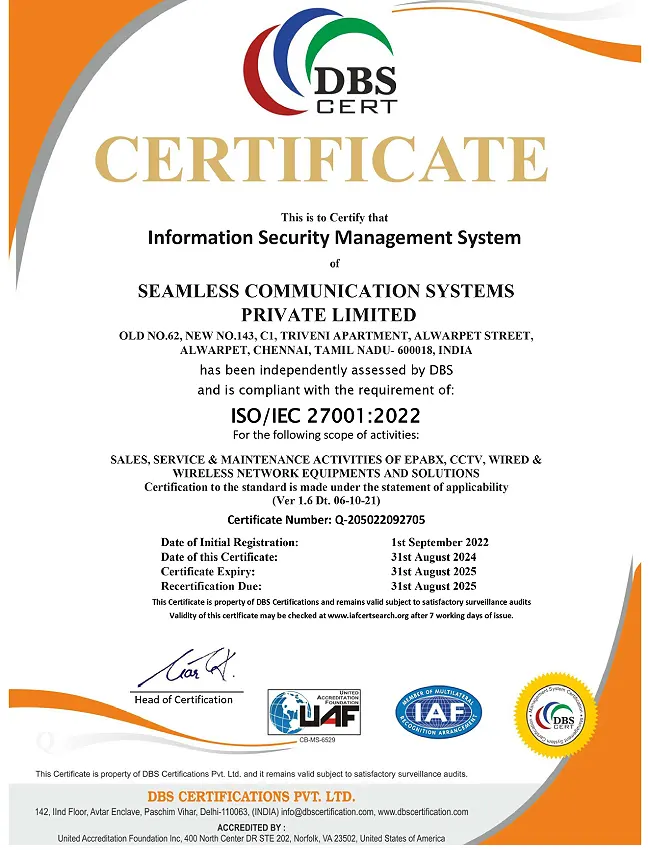 Seamless Communication ISO Certificate 27001:2022